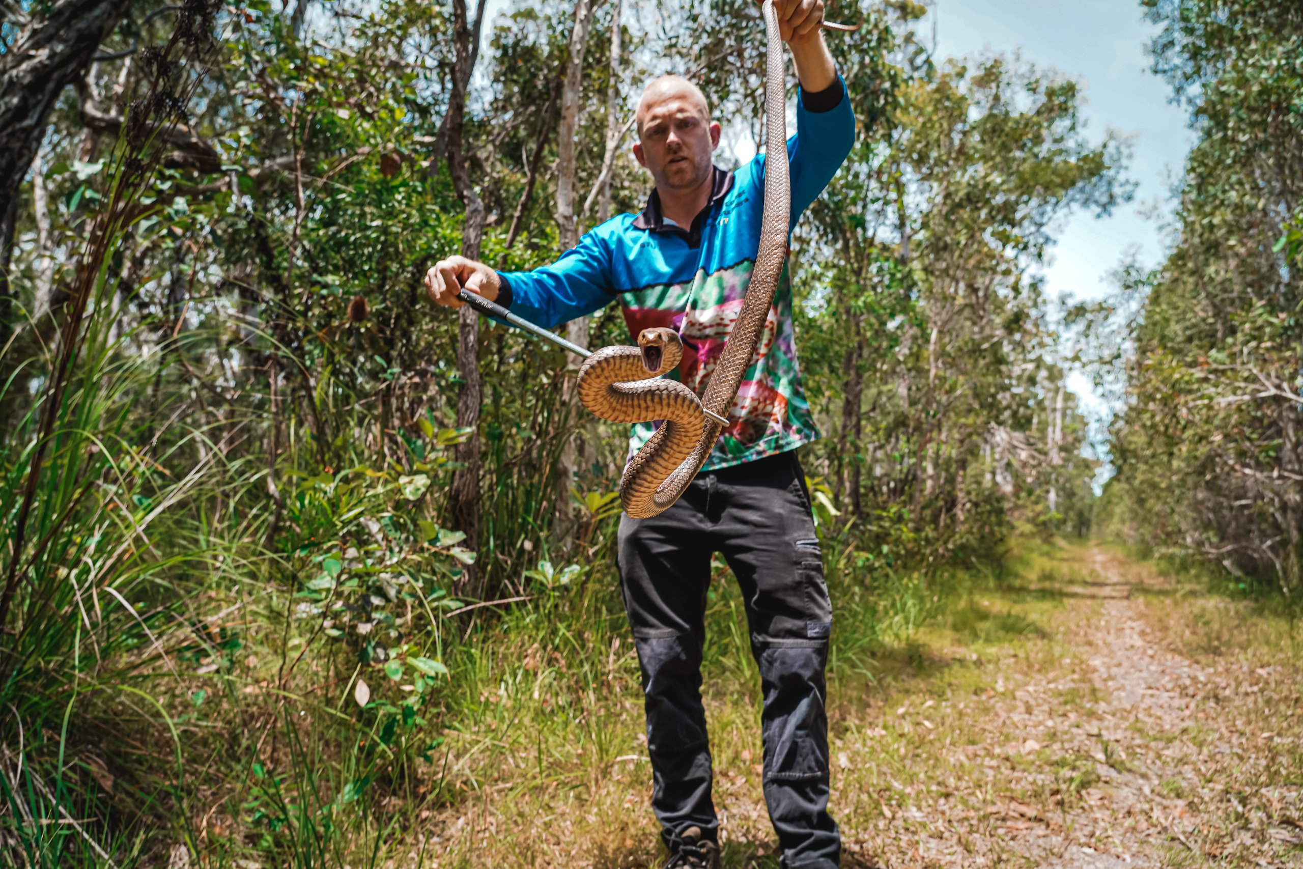 Stuart holding eastern brown snake