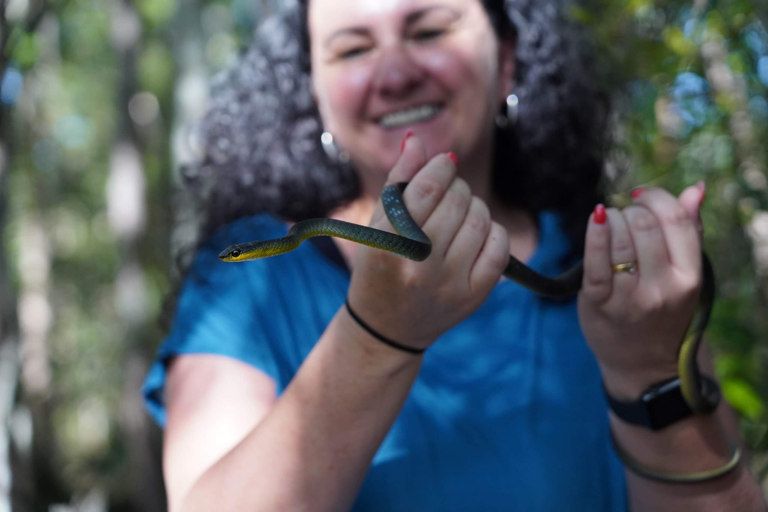 Stoked lady handling common tree snake on tour